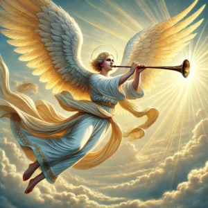 L'immagine mostra un angelo divino che fluttua nel cielo, con grandi ali luminose distese. L'angelo suona una lunga tromba, dalla quale emana una luce dorata che simboleggia un richiamo spirituale. L'espressione dell'angelo è serena, e indossa vesti fluenti che si muovono delicatamente al vento. Sullo sfondo, il cielo è punteggiato da soffici nuvole e luce eterea, creando un'atmosfera di presenza divina e potenza spirituale.
