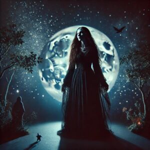 Immagine mistica di Lilith, figura mitologica, rappresentata come una donna forte e indipendente con lunghi capelli fluenti e un mantello scuro. La sua espressione è decisa e ribelle, immersa in un ambiente notturno, illuminata dalla luce della luna. Il cielo scuro e ombreggiato contribuisce a creare un'atmosfera misteriosa e magica, sottolineando il suo potere e autonomia.