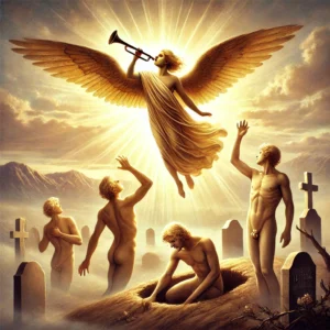 A symbolic representation of the Judgement tarot card from the Tarot of Marseille. A golden-winged angel blows a trumpet, calling three naked figures rising from their graves with arms raised, symbolizing rebirth and awakening. The scene takes place in a mystical landscape with mountains and light breaking through clouds, creating a spiritual atmosphere.