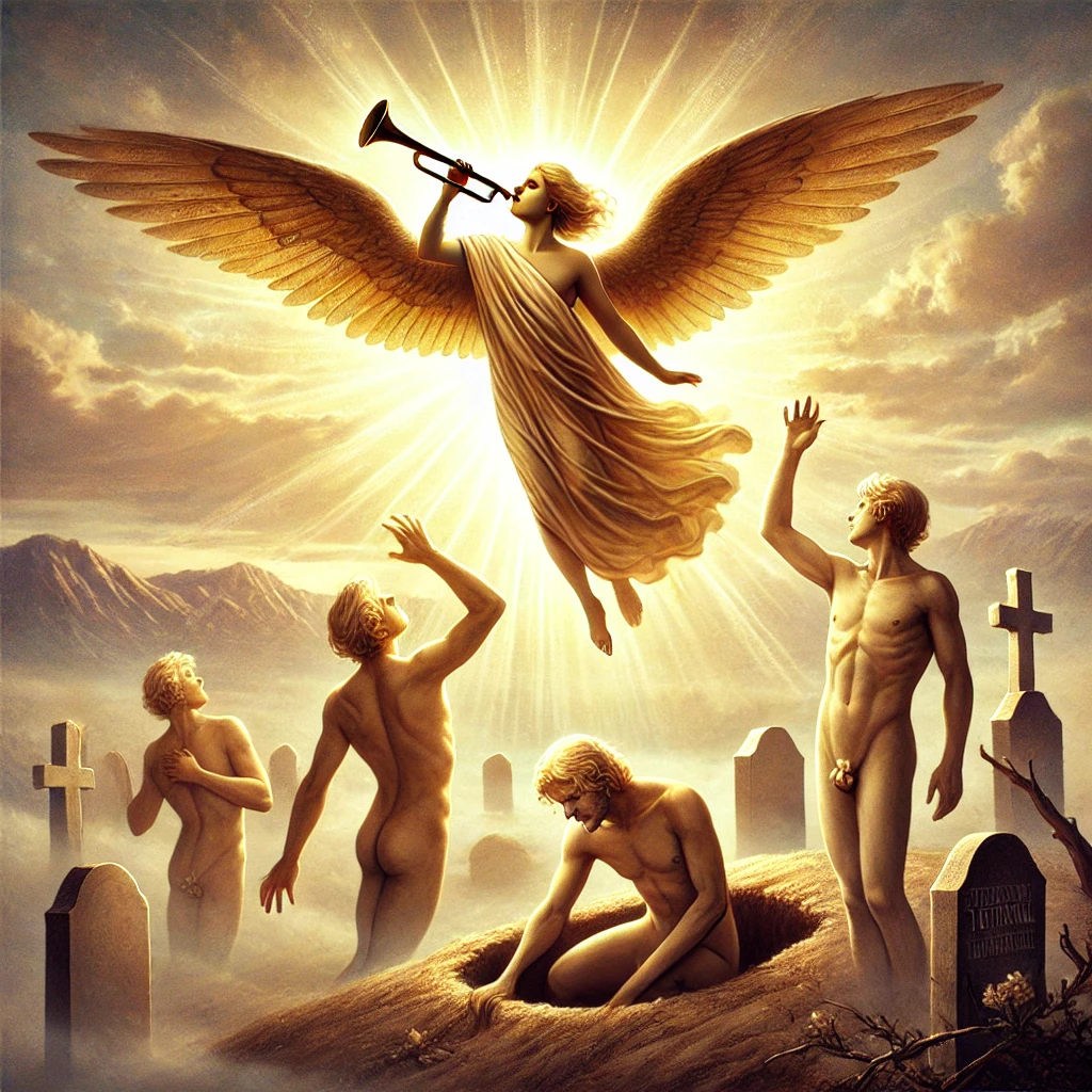 A symbolic representation of the Judgement tarot card from the Tarot of Marseille. A golden-winged angel blows a trumpet, calling three naked figures rising from their graves with arms raised, symbolizing rebirth and awakening. The scene takes place in a mystical landscape with mountains and light breaking through clouds, creating a spiritual atmosphere. DALL·E 2024-10-14 16.25.56 – A symbolic representation of the Judgement tarot card from the Tarot of Marseille. The scene shows a golden-winged angel blowing a trumpet, calling th