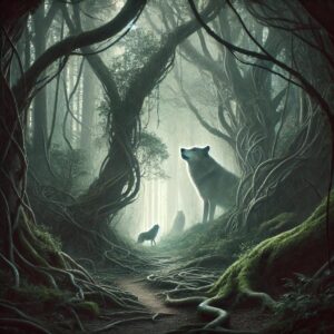 Un'immagine evocativa che rappresenta una foresta mistica con un fitto groviglio di alberi intrecciati e un chiaro sentiero che si addentra nel bosco, simboleggiando un viaggio di scoperta personale. Un paio di lupi si fonde sottilmente con l'ambiente, rappresentando il collegamento con la natura selvaggia e istintuale, sotto una nebbia inquietante e soffice con una luce delicata che filtra attraverso la volta. Risveglio femminile e Costellazioni familiari emergono come temi sottili ma potenti in questo paesaggio.