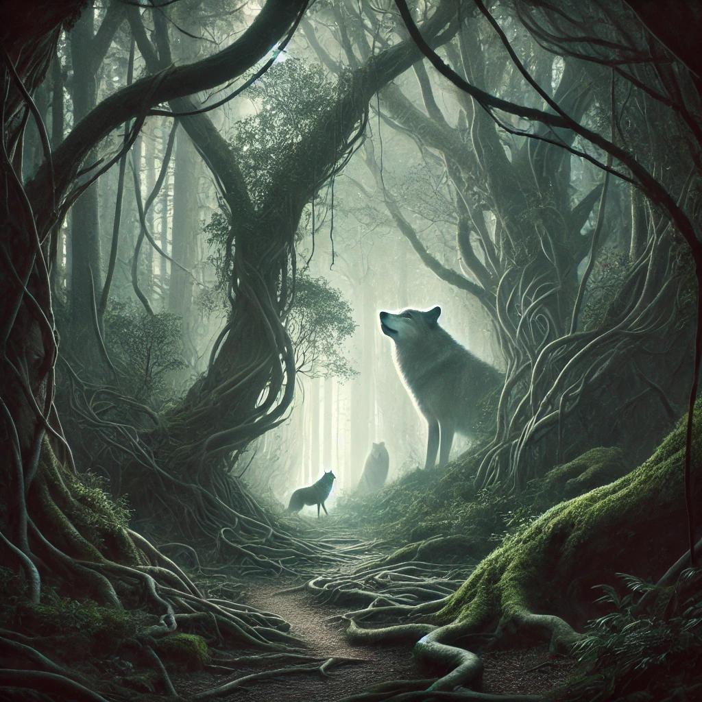 Un'immagine evocativa che rappresenta una foresta mistica con un fitto groviglio di alberi intrecciati e un chiaro sentiero che si addentra nel bosco, simboleggiando un viaggio di scoperta personale. Un paio di lupi si fonde sottilmente con l'ambiente, rappresentando il collegamento con la natura selvaggia e istintuale, sotto una nebbia inquietante e soffice con una luce delicata che filtra attraverso la volta. Risveglio femminile e Costellazioni familiari emergono come temi sottili ma potenti in questo paesaggio. Forest_Landscape_with_Wolves