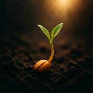 Germoglio che nasce dal terreno, simbolo di forza interiore, trasformazione e crescita spirituale dal blocco all’energia vitale.
