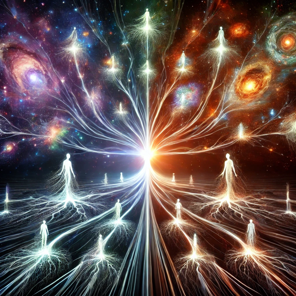 Universo specchio e costellazioni familiari con antenati e discendenti. DALL·E 2024-11-17 07.50.11 – A surreal cosmic scene blending two parallel universes emerging from the Big Bang with themes of family constellations, incorporating ancestors and de