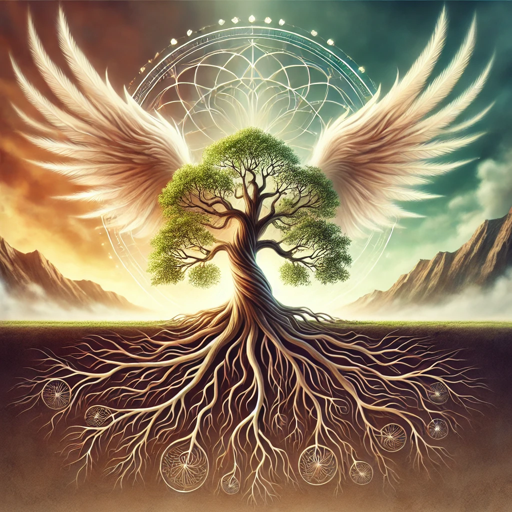Radici e Ali nelle Costellazioni Familiari: un albero con radici profonde che si estendono nel terreno e rami che formano ali verso il cielo, simbolo di connessione con gli antenati e libertà spirituale. DALL·E 2024-11-18 22.48.24 – A symbolic illustration representing ‘Roots and Wings in Family Constellations.’ The image features a majestic tree with deep, intricate roots sprawli
