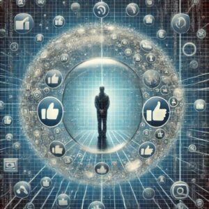Illustrazione simbolica del Bubble Effect sui social media, con una persona intrappolata in una bolla trasparente circondata da icone digitali come notifiche e like, rappresentando l'isolamento e la ripetitività dell'eco-chamber.