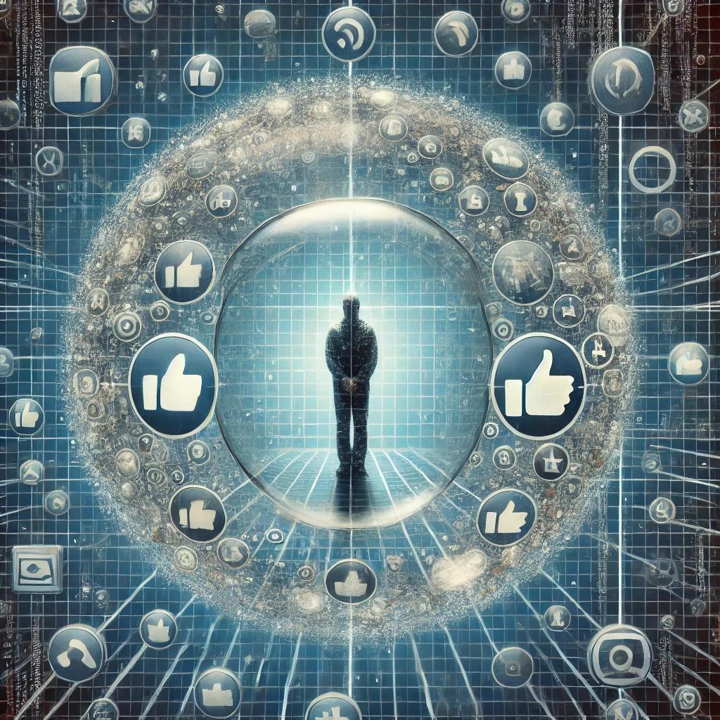 Illustrazione simbolica del Bubble Effect sui social media, con una persona intrappolata in una bolla trasparente circondata da icone digitali come notifiche e like, rappresentando l'isolamento e la ripetitività dell'eco-chamber. A_symbolic_digital_artwork_illustrating_the_Bubble