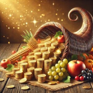 Cornucopia realistica traboccante di monete d’oro con alcuni frutti e poche verdure, simbolo di prosperità, ricchezza e abbondanza finanziaria, su un tavolo rustico con luce calda.