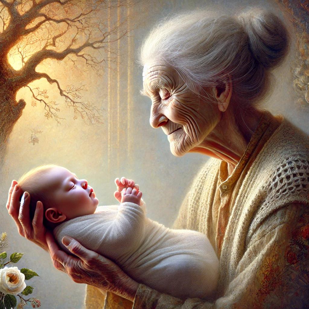 Un'anziana donna culla dolcemente un bambino, simboleggiando il ciclo di vita e morte, in un'atmosfera serena e piena di amore tra le generazioni An_emotional_and_symbolic_image_showing_an_elderly