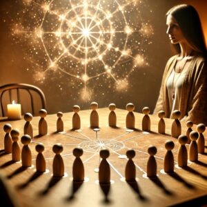 Rituale di costellazioni familiari con figure simboliche disposte in un cerchio su una superficie liscia, illuminate da una luce calda e avvolgente. Un facilitatore osserva la disposizione, creando un'atmosfera spirituale e contemplativa con una connessione ancestrale.