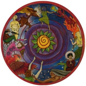 Mandala colorato di donne in cerchio con spirale solare centrale, simbolo di meditazione del grembo sacro e ciclicità femminile