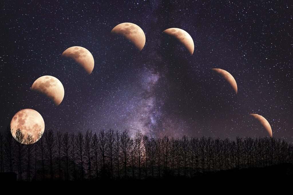 Fasi lunari nel cielo notturno sopra una foresta, simbolo della ciclicità femminile e dei rituali connessi al ciclo mestruale. fasi lunari