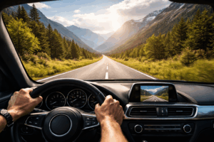 Strada aperta vista dal posto di guida come metafora delle costellazioni ancestrali, della scelta consapevole del discendente e del sì alla vita.